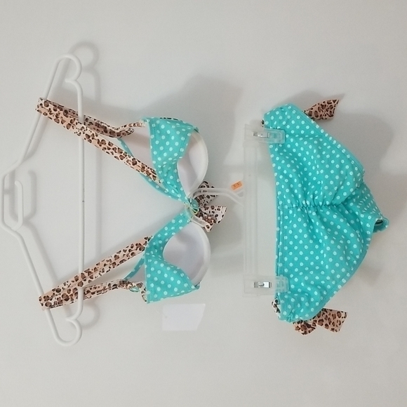 Blue White Polka  Dot Leopard Print Bikini Set Small - Picture 6 of 6